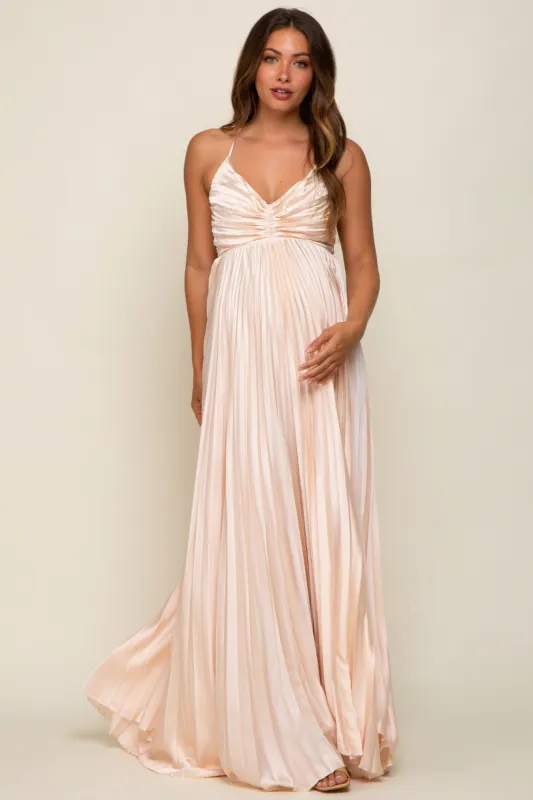 Beige Satin Pleated Cutout Maternity Gown sold by Pinkblush