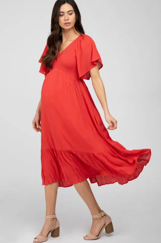 Coral Smocked Ruffle Maternity Dress sold by Pinkblush