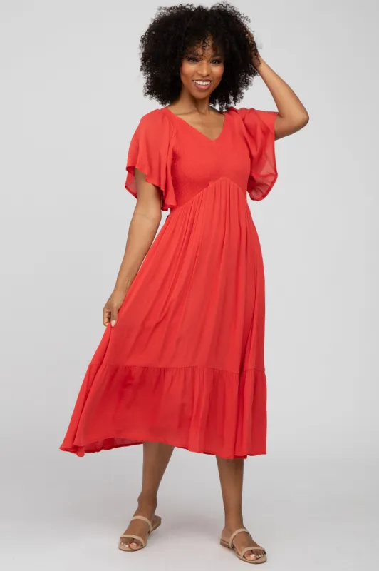 Coral Smocked Ruffle Dress sold by Pinkblush