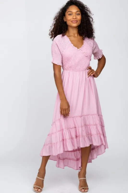 Pink Smocked Ruffle Hi-Lo Midi Dress sold by Pinkblush