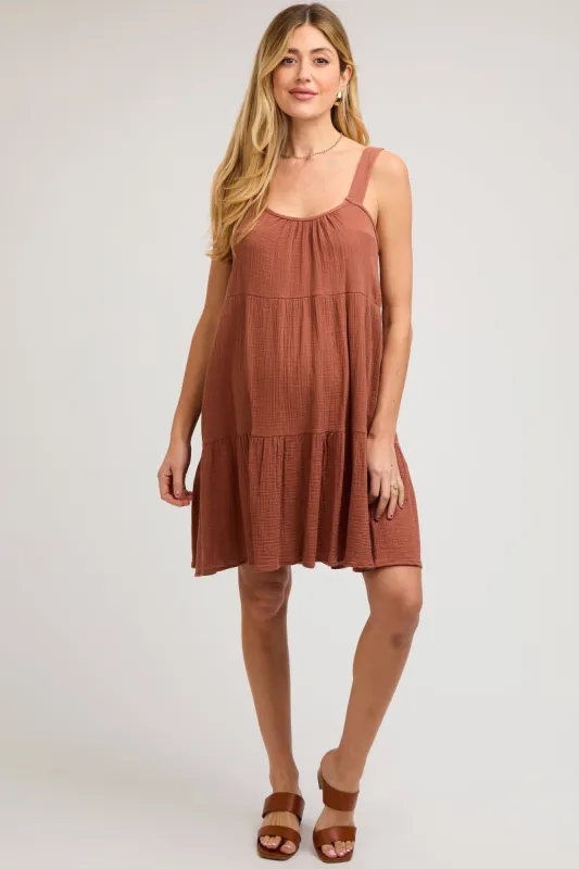 Mocha Sleeveless Tiered Ruffle Hem Maternity Dress sold by Pinkblush