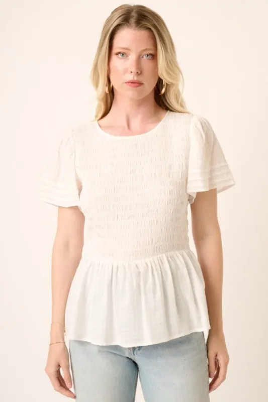 White Smocking Detail Peplum Blouse sold by Pinkblush