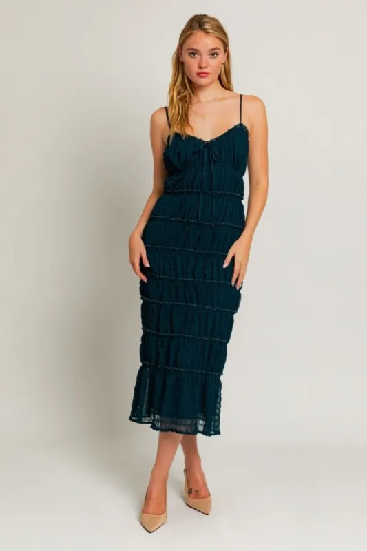 Teal Green Spaghetti Strap Ruffle Detail Midi Dress sold by Pinkblush