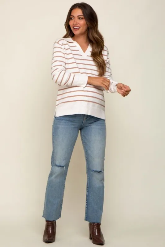 Taupe Striped V-Neck Collared Maternity Sweater sold by Pinkblush