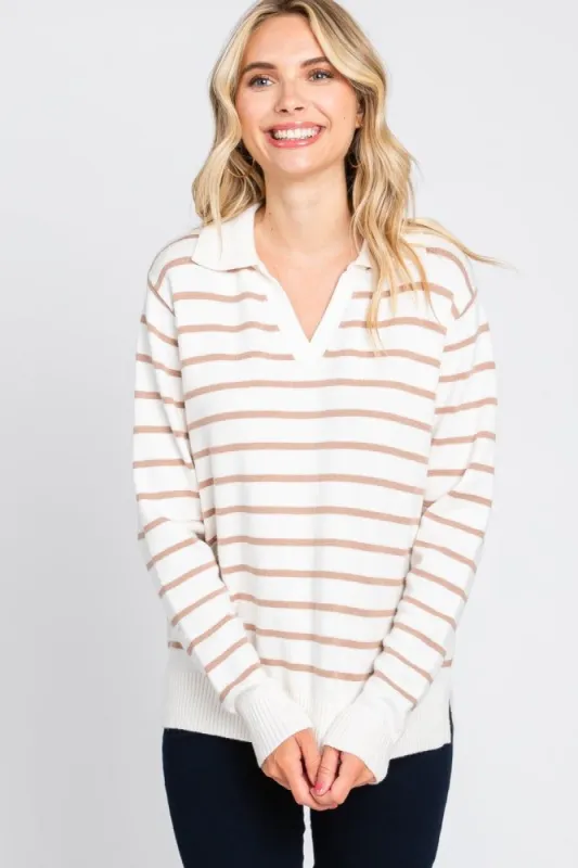 Taupe Striped V-Neck Collared Sweater sold by Pinkblush