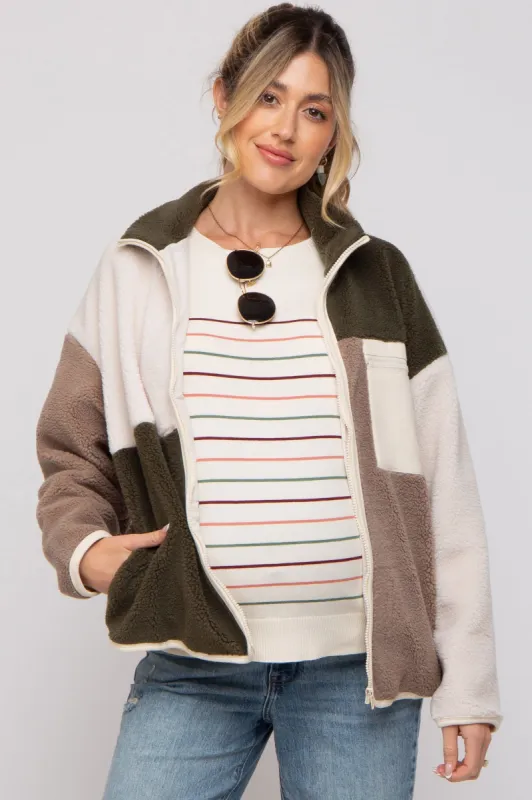 Olive Color Block Sherpa Contrast Pocket Maternity Jacket sold by Pinkblush