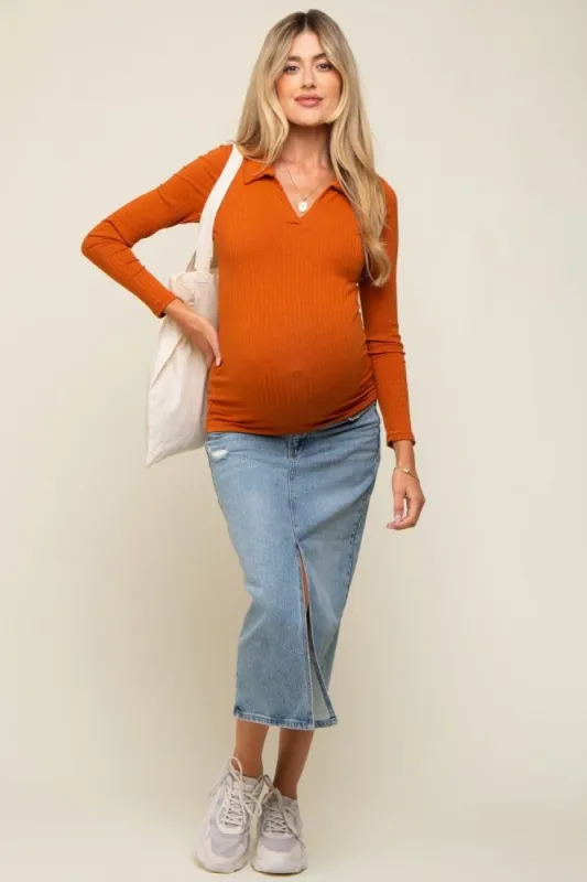 Rust Ribbed Collared Long Sleeve Maternity Top sold by Pinkblush