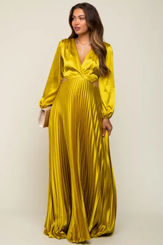 Gold Satin Low Back Cutout Pleated Maternity Maxi Dress sold by Pinkblush