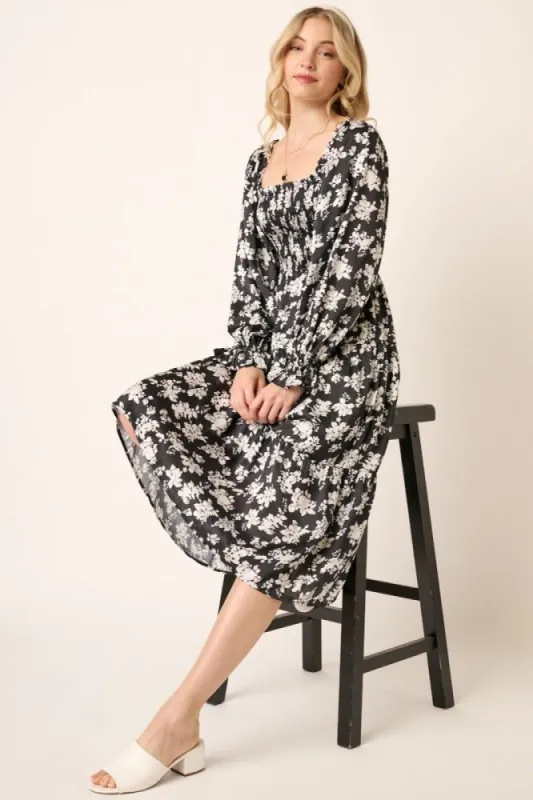 White Floral Satin Smocked Tiered Midi Dress sold by Pinkblush