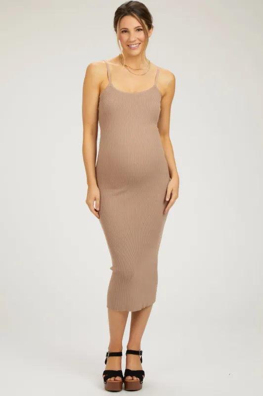 Mocha Ribbed Sleeveless Fitted Maternity Dress sold by Pinkblush