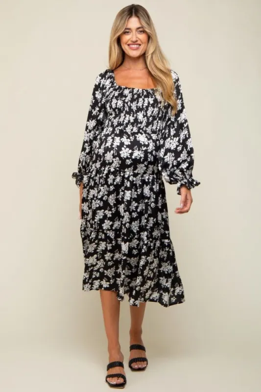 White Floral Satin Smocked Tiered Maternity Midi Dress sold by Pinkblush