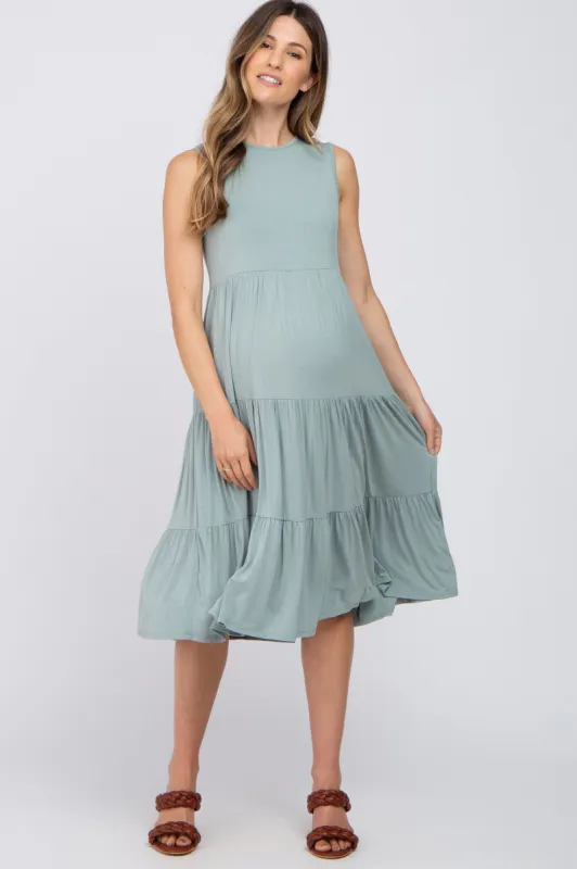 Light Olive Tiered Sleeveless Maternity Midi Dress sold by Pinkblush