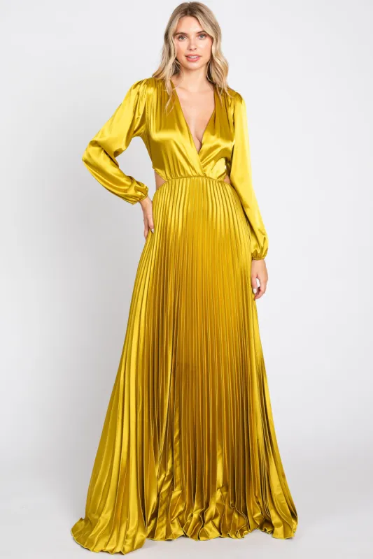 Gold Satin Low Back Cutout Pleated Maxi Dress sold by Pinkblush
