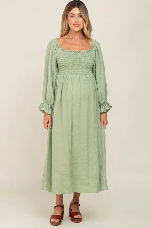 Light Green Gauze Smocked Maternity Midi Dress sold by Pinkblush