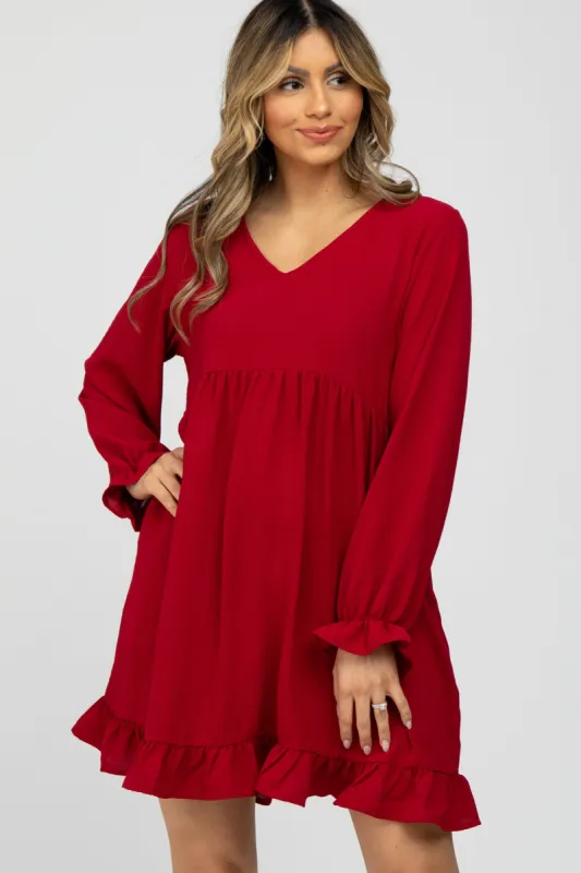 Burgundy Ruffle Trim Long Sleeve Dress sold by Pinkblush