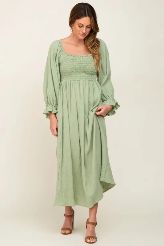Light Green Gauze Smocked Midi Dress sold by Pinkblush