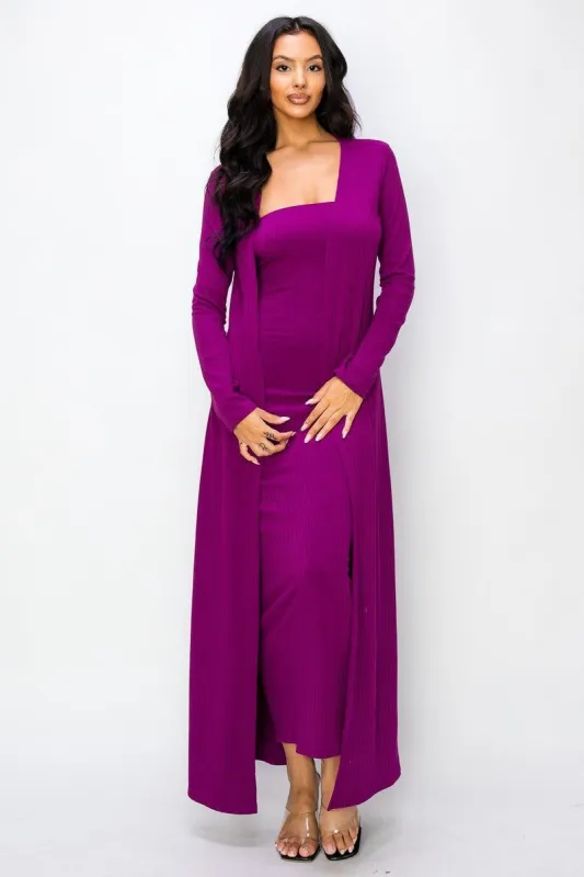 Magenta Ribbed Sleeveless Dress Cardigan Set sold by Pinkblush