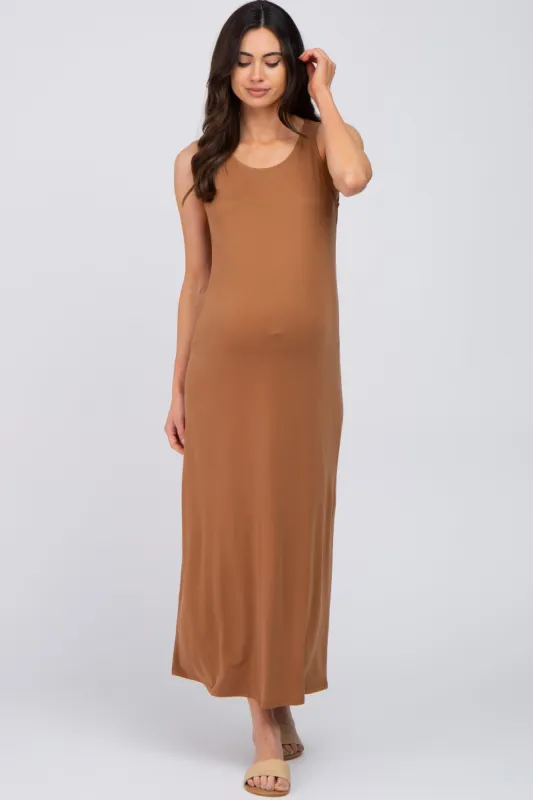 Camel Solid Sleeveless Maternity Midi Dress sold by Pinkblush