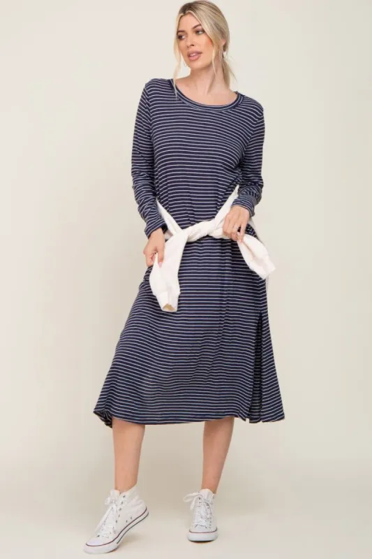 Navy Striped Side Slit Midi Dress sold by Pinkblush
