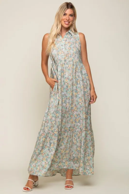 Mint Green Floral Collared Maxi Dress sold by Pinkblush
