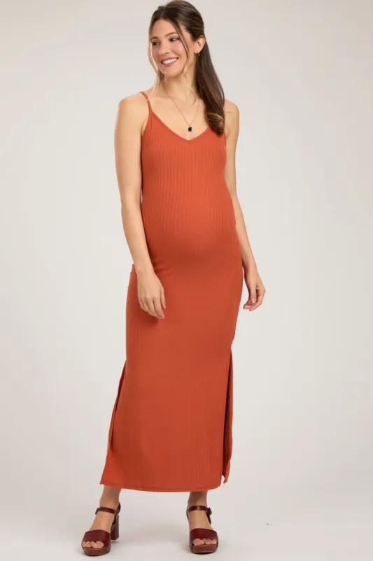 Orange Ribbed Side Slit Maternity Maxi Dress sold by Pinkblush
