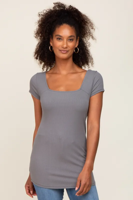 Charcoal Ribbed Squared Neck Cap Sleeve Top sold by Pinkblush