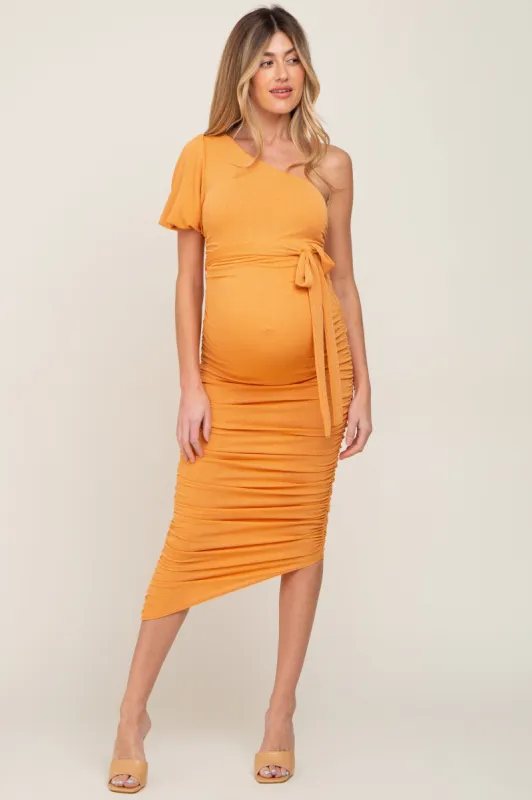 Orange Textured One Shoulder Ruched Maternity Dress sold by Pinkblush