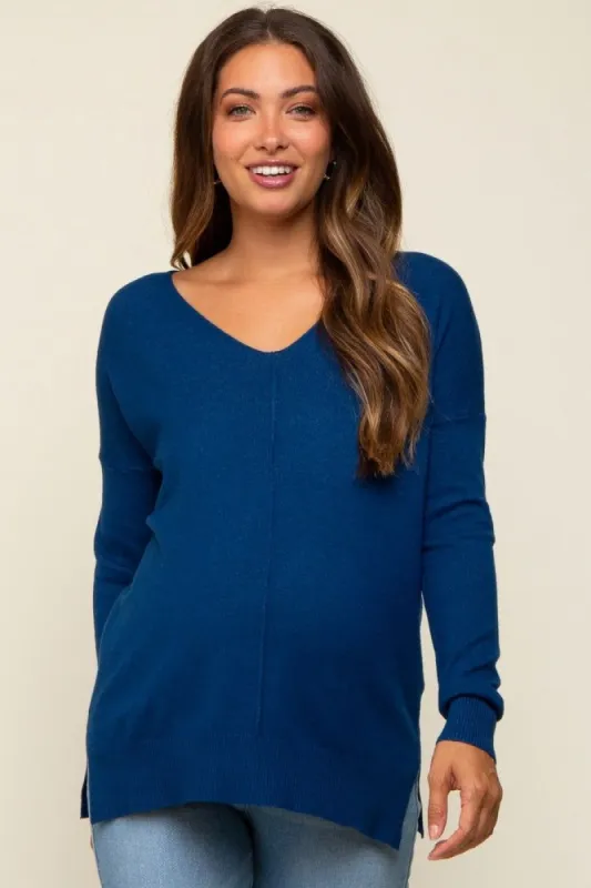 Royal Blue Long Sleeve Side Slit Maternity Sweater sold by Pinkblush