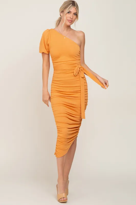 Orange Textured One Shoulder Ruched Dress sold by Pinkblush