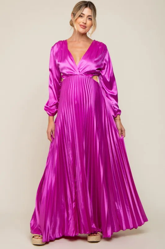 Magenta Satin Low Back Cutout Pleated Maternity Maxi Dress sold by Pinkblush