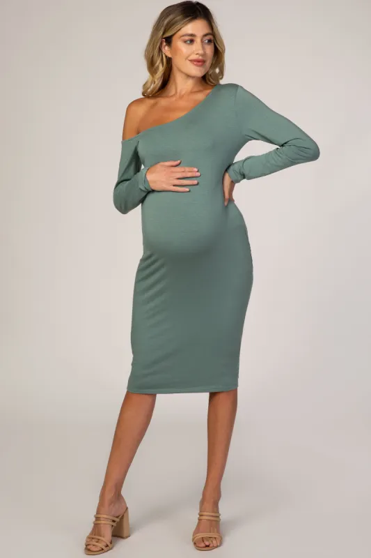 PinkBlush Dusty Green One Shoulder Fitted Midi Maternity Dress sold by Pinkblush