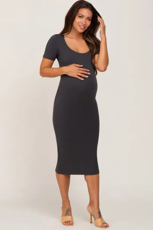 Charcoal Fitted Maternity Midi Dress sold by Pinkblush