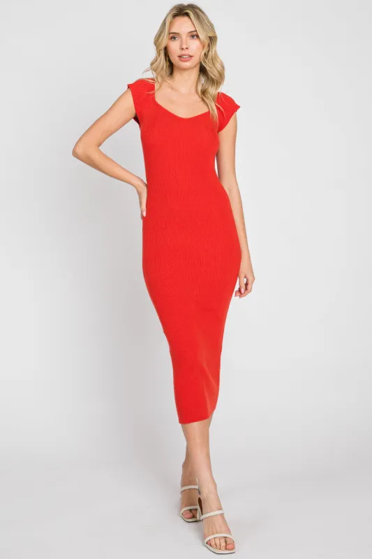 Red Ribbed Knit Fitted Dress sold by Pinkblush