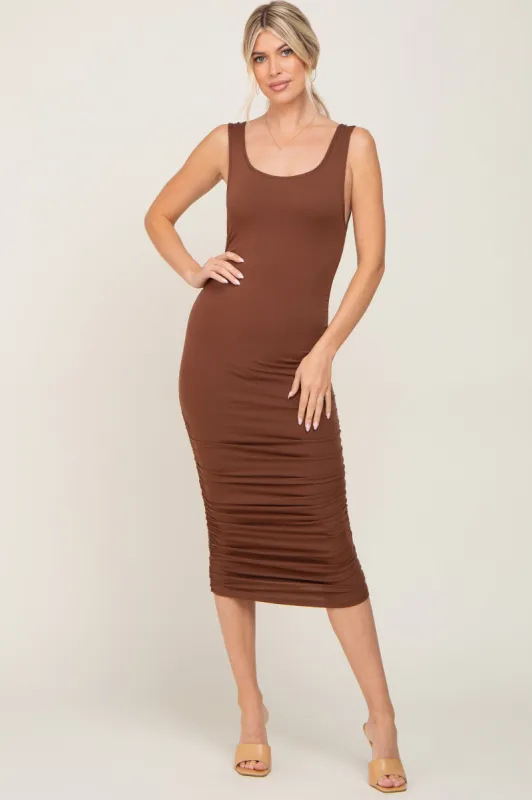Brown Ruched V-Back Midi Dress sold by Pinkblush