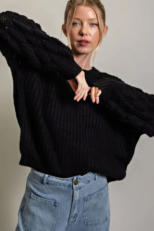 Black Cable Knit Sleeve Sweater sold by Pinkblush
