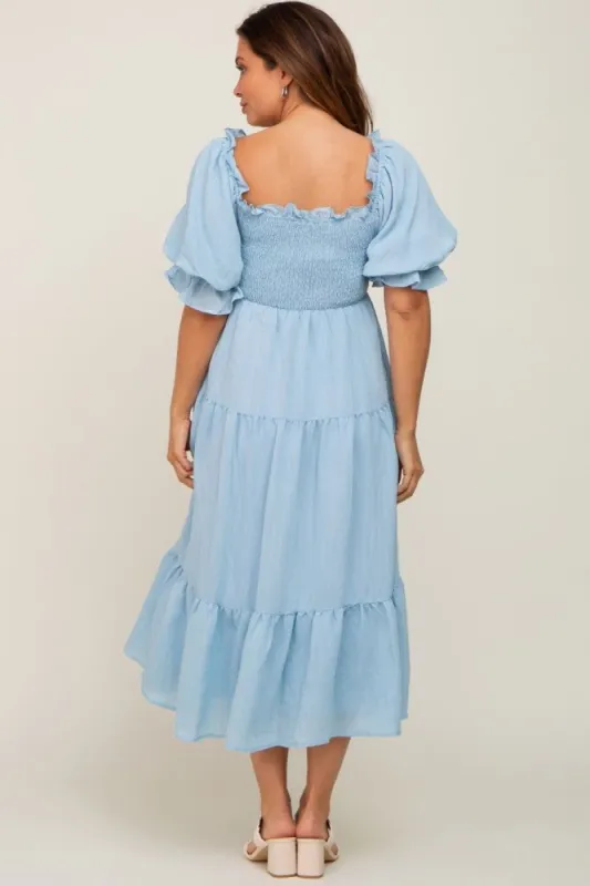 Salmon Smocked Pleated Tier Maternity Midi Dress sold by Pinkblush