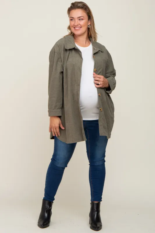 Olive Textured Button Down Maternity Plus Shacket sold by Pinkblush