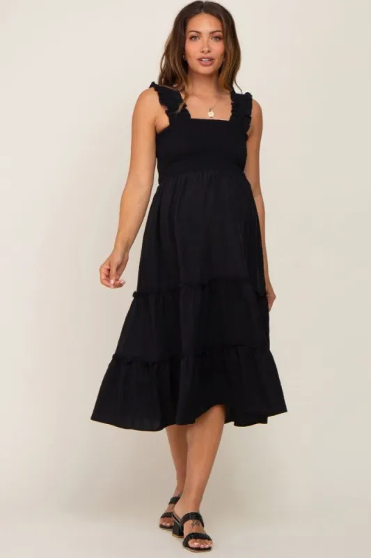 Black Smocked Square Neck Ruffle Strap Tiered Maternity Midi Dress sold by Pinkblush