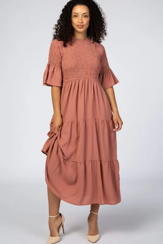 Salmon Smocked Pleated Tier Midi Dress sold by Pinkblush
