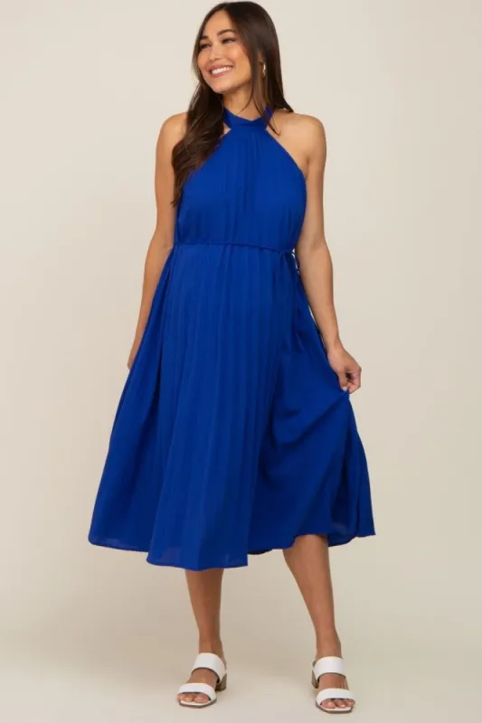 Royal Blue Pleated Halter Maternity Midi Dress sold by Pinkblush