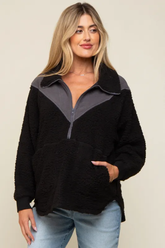 Black Colorblock Half Zip Fleece Maternity Pullover sold by Pinkblush