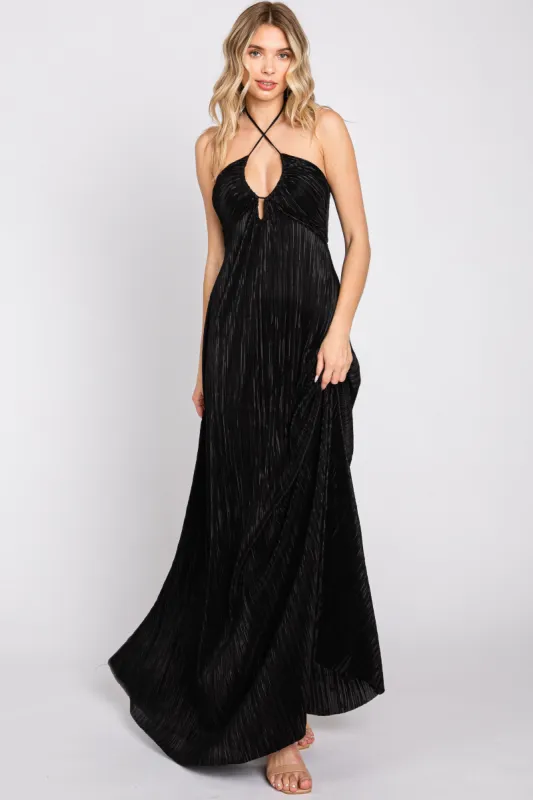 Black Plisse Halter Back Tie Maxi Dress sold by Pinkblush