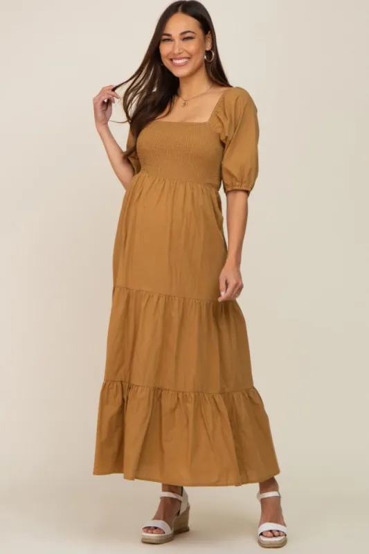 Camel Square Neck Smocked Tiered Maternity Maxi Dress sold by Pinkblush