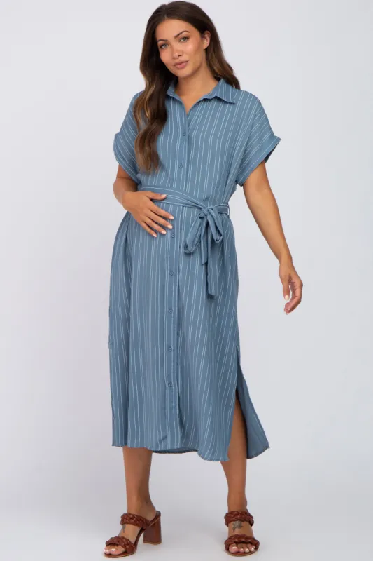 Navy Striped Button Down Waist Tie Maternity Midi Dress sold by Pinkblush