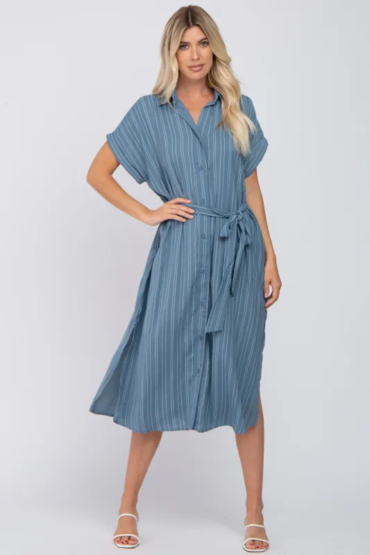 Navy Striped Button Down Waist Tie Midi Dress sold by Pinkblush
