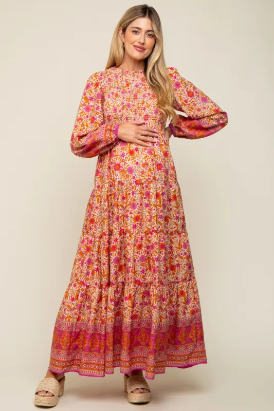 Fuchsia Floral Smocked Tiered Maternity Maxi Dress sold by Pinkblush