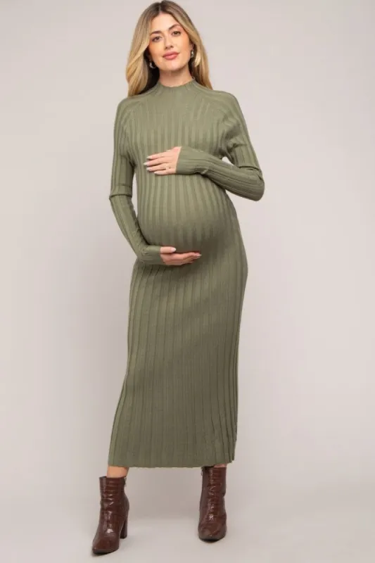 Olive Ribbed Turtle Neck Maternity Midi Dress sold by Pinkblush