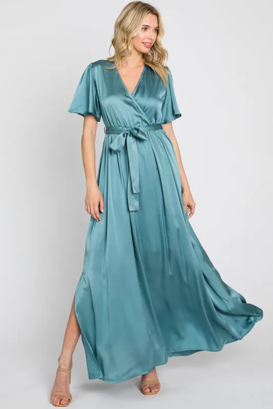 Teal Satin Wrap Front V-Neck Short Sleeve Side Slit Maxi Dress sold by Pinkblush