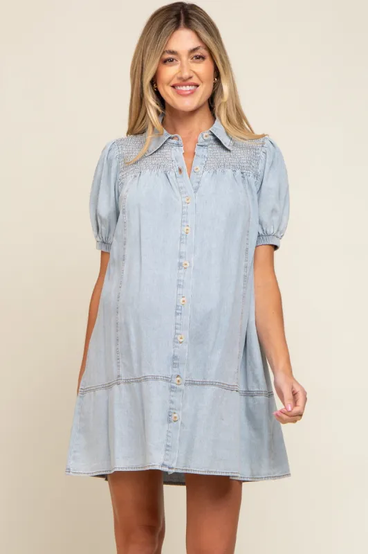 Light Blue Denim Smocked Button Up Maternity Dress sold by Pinkblush