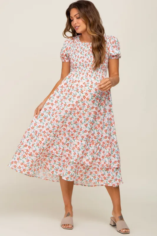 White Floral Smocked Layered Maternity Midi Dress sold by Pinkblush